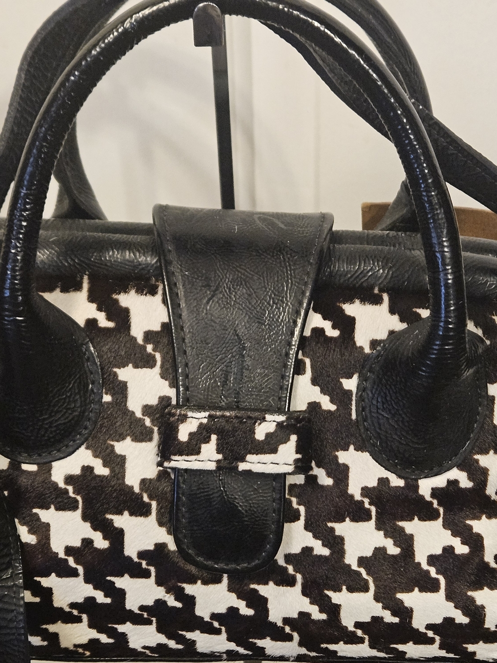 Clever Carriage Calf Hair Black & White Houndstooth Satchel with Black Trim - Picture 2 of 16